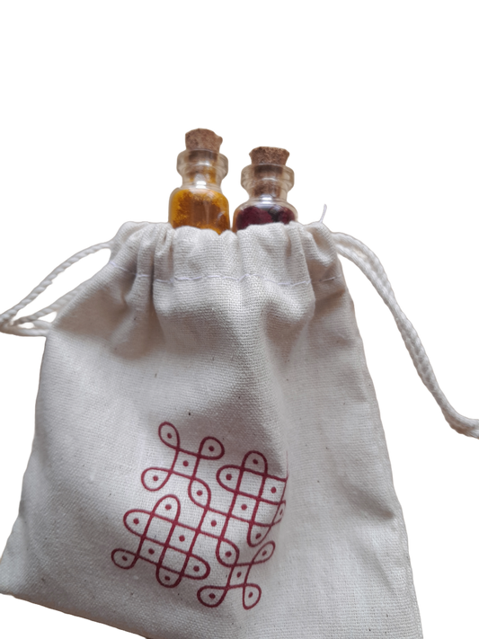 Haldi Kumkum vials with cotton pouch