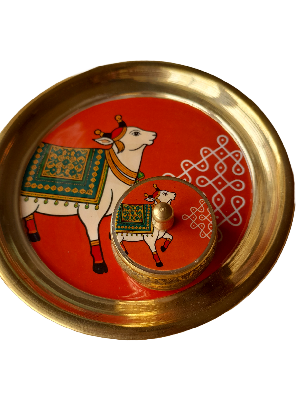 Cow Kolam Brass Plate + Kumkum Box