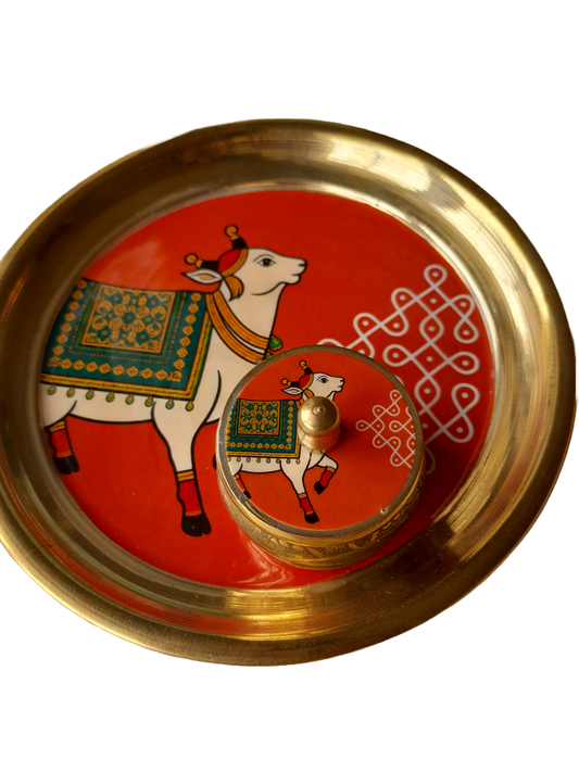 Cow Kolam Brass Plate + Kumkum Box